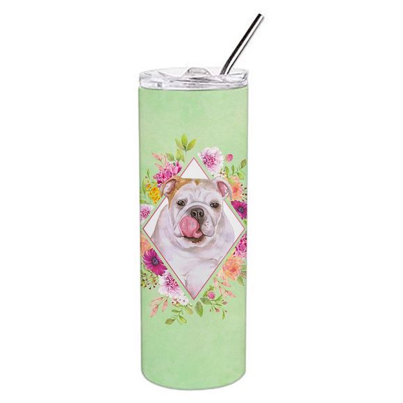 English Bulldog Green Flowers Stainless Steel 20 oz Skinny Tumbler - Picture 3 of 4